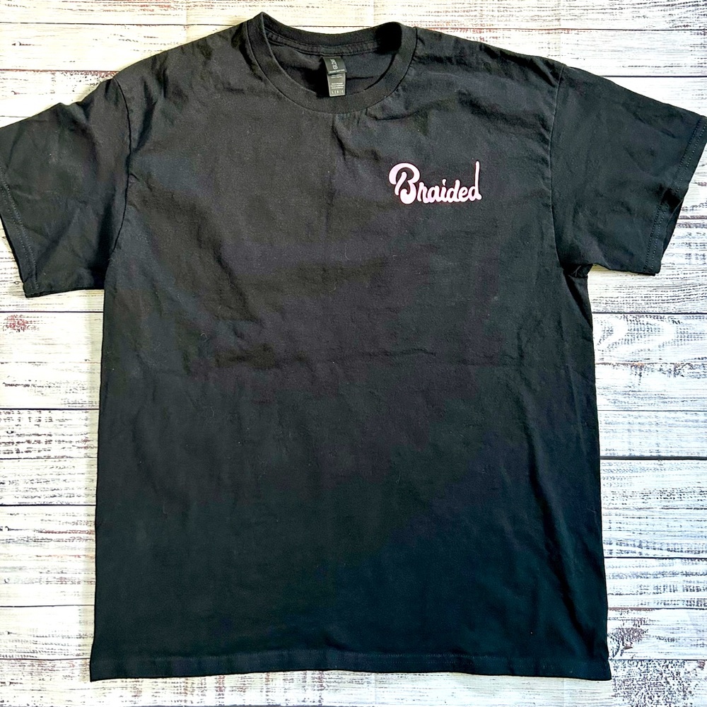 Gildan Black Tee w/‎ the words Braided in pink & Glitter butterfly on back